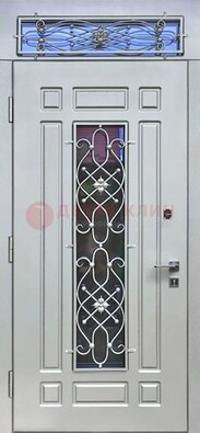 Белая железная дверь со стеклом и ковкой с верхней фрамугой ДСК-112